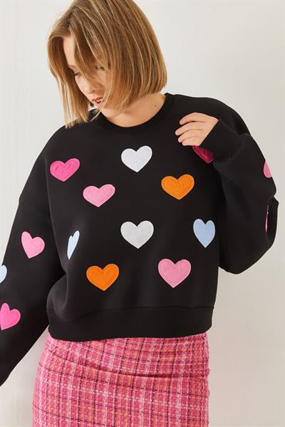 Kadın Kalp Nakışlı Üç İplik Şardonlu Sweatshirt 6458 60251955 - Siyah