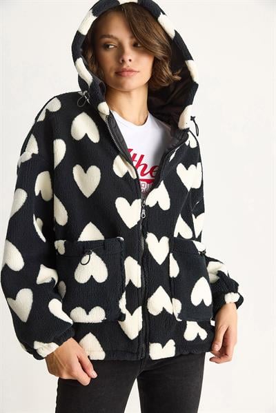 Kalpli Kapüşonlu Oversize Peluş Mont RI00001 60283537 - Siyah-Ekru