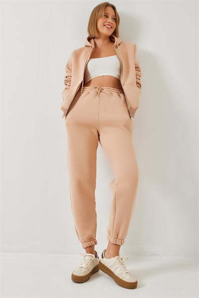 Kadın Kanguru Cepli Kapşonlu Hırka Alt- Üst Takım MBHS015 60601015 - Bej