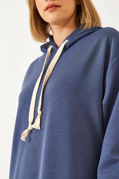 Kadın Kapişonlu Basic Uzun Sweat Elbise 8074 60351328 - Mavi