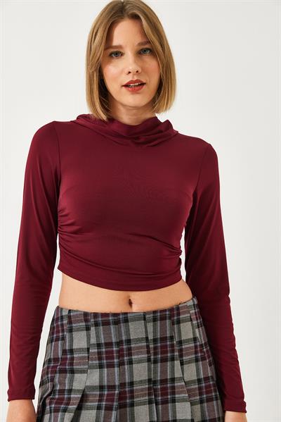Kadın Kapişonlu Candy Kumaş Crop Bluz 60351281 - Bordo