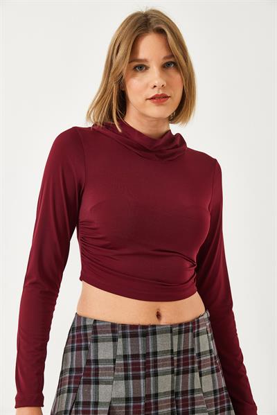 Kadın Kapişonlu Candy Kumaş Crop Bluz 60351281 - Bordo