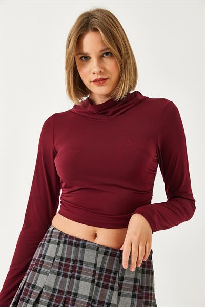 Kadın Kapişonlu Candy Kumaş Crop Bluz 60351281 - Bordo