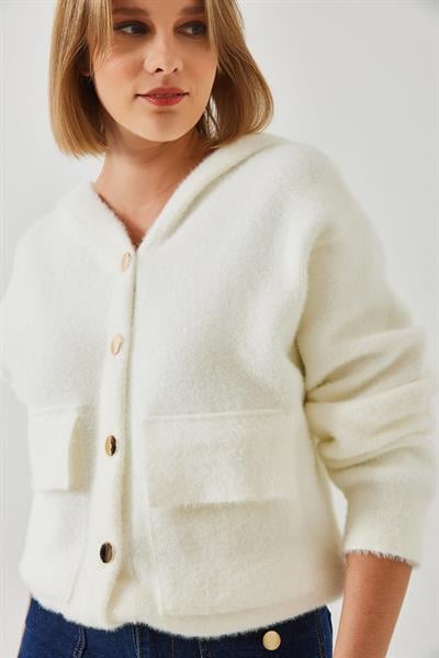 Kapişonlu Cepli Düğmeli Triko Hırka 241008 60261043 - Ekru