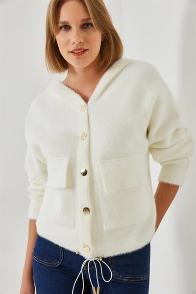 Kapişonlu Cepli Düğmeli Triko Hırka 241008 60261043 - Ekru