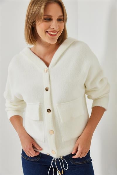 Kapişonlu Cepli Düğmeli Triko Hırka 241008 60261043 - Ekru