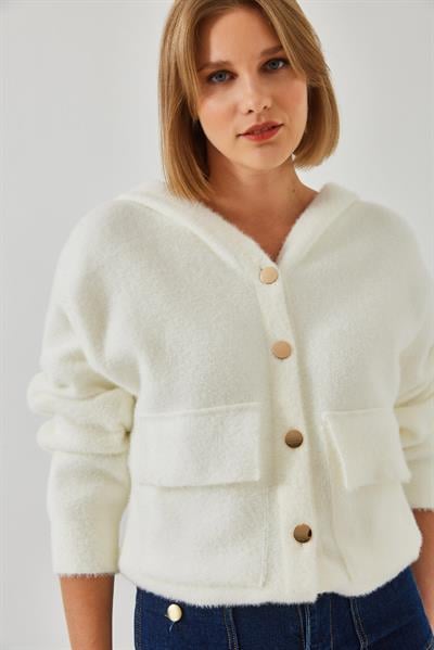 Kapişonlu Cepli Düğmeli Triko Hırka 241008 60261043 - Ekru