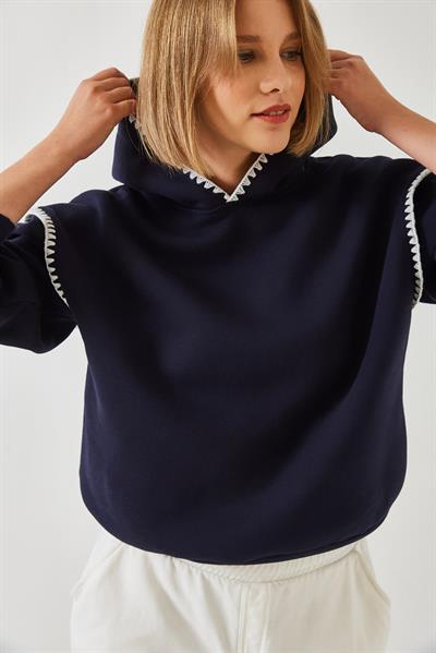 Kadın Kapişonlu Dantel Detaylı Sweatshirt 60601028 - Lacivert