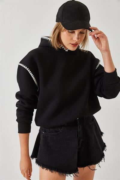 Kadın Kapişonlu Dantel Detaylı Sweatshirt 60601028 - Siyah