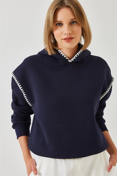 Kadın Kapişonlu Dantel Detaylı Sweatshirt 60601028 - Lacivert