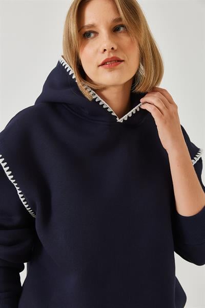 Kadın Kapişonlu Dantel Detaylı Sweatshirt 60601028 - Lacivert