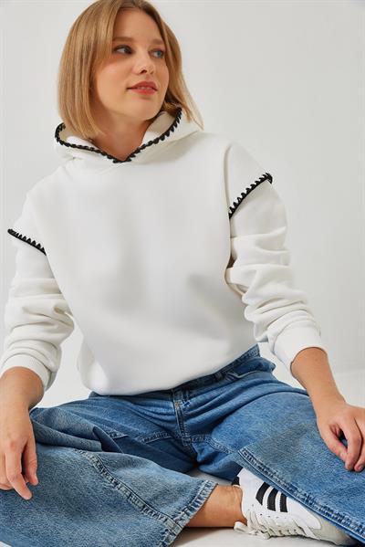 Kadın Kapişonlu Dantel Detaylı Sweatshirt 60601028 - Ekru