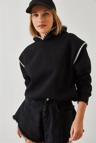 Kadın Kapişonlu Dantel Detaylı Sweatshirt 60601028 - Siyah
