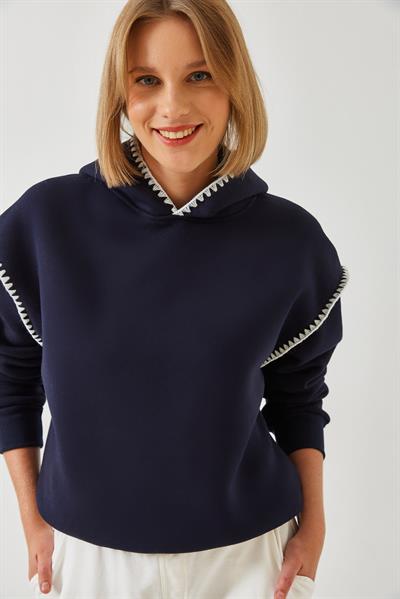 Kadın Kapişonlu Dantel Detaylı Sweatshirt 60601028 - Lacivert