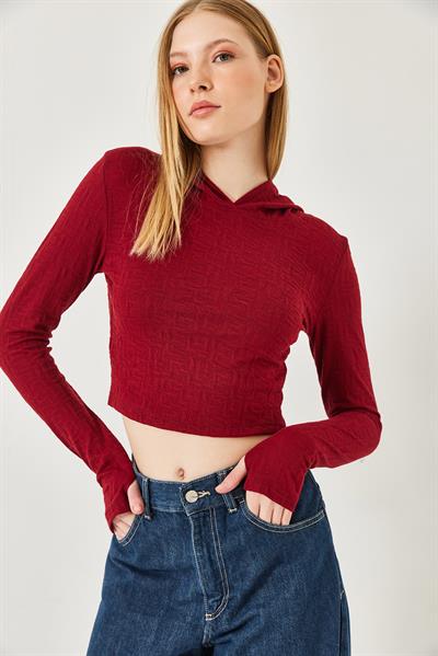 Kadın Kapişonlu Jakarlı Bluz 7191 60261282 - Bordo