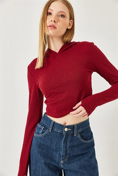 Kadın Kapişonlu Jakarlı Bluz 7191 60261282 - Bordo