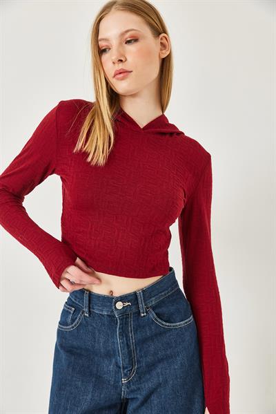 Kadın Kapişonlu Jakarlı Bluz 7191 60261282 - Bordo