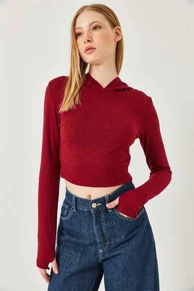 Kadın Kapişonlu Jakarlı Bluz 7191 60261282 - Bordo