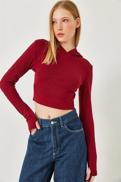 Kadın Kapişonlu Jakarlı Bluz 7191 60261282 - Bordo
