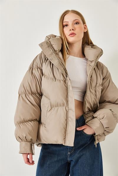 Kadın Kapişonlu Şişme Mont 2422 60451012 - Koyu Bej