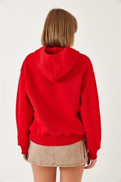 Kadın Kapişonlu Üç İplik Şardonlu Renkli Kalp Baskılı Sweatshirt 60601040 - Kırmızı