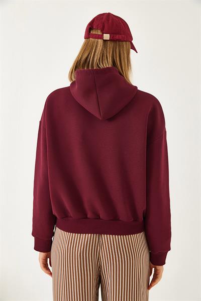 Kadın Kapişonlu Üç İplik Şardonlu Sweatshirt 60351294 - Bordo