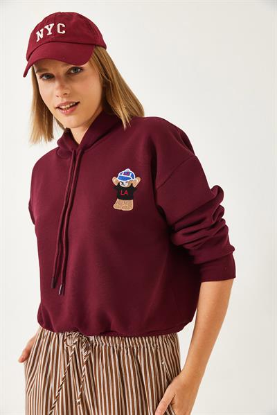 Kadın Kapişonlu Üç İplik Şardonlu Sweatshirt 60351294 - Bordo