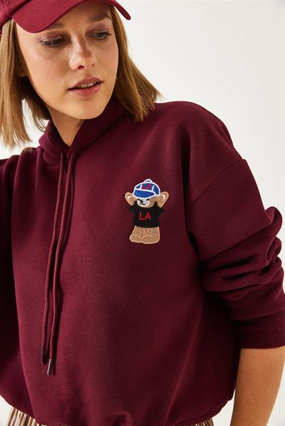 Kadın Kapişonlu Üç İplik Şardonlu Sweatshirt 60351294 - Bordo