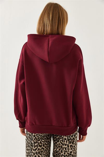 Kadın Kapişonlu V Yaka Sweatshirt 60351253 - Bordo