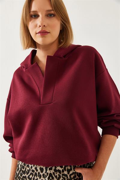 Kadın Kapişonlu V Yaka Sweatshirt 60351253 - Bordo