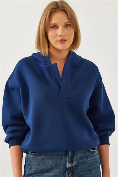 Kadın Kapişonlu V Yaka Sweatshirt 60351253 - Lacivert