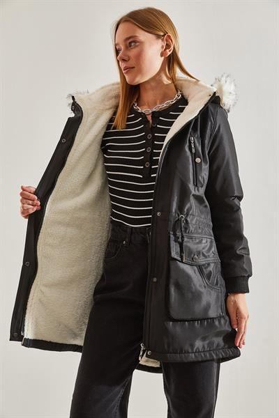 Kapişonu Kürklü Kolları Lastikli Şişme Mont - Siyah