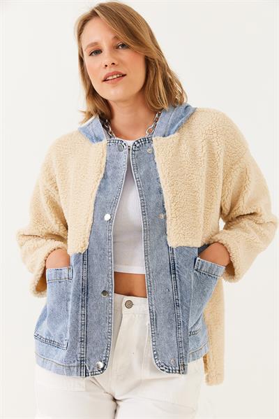 Kapüşonlu Denim Detaylı Peluş Ceket 60251807 - Bej