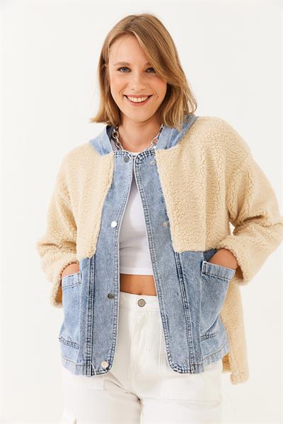 Kapüşonlu Denim Detaylı Peluş Ceket 60251807 - Bej