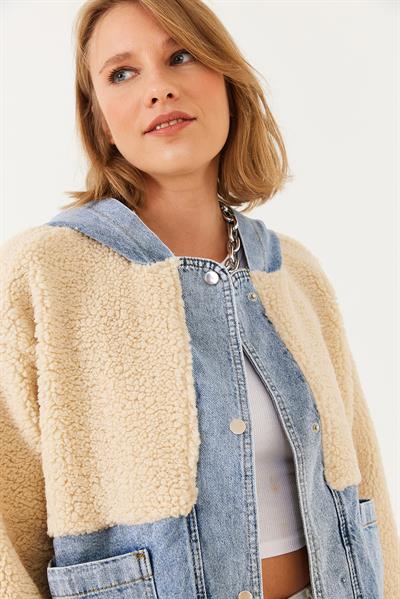 Kapüşonlu Denim Detaylı Peluş Ceket 60251807 - Bej