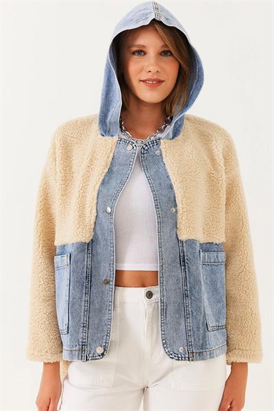 Kapüşonlu Denim Detaylı Peluş Ceket 60251807 - Bej