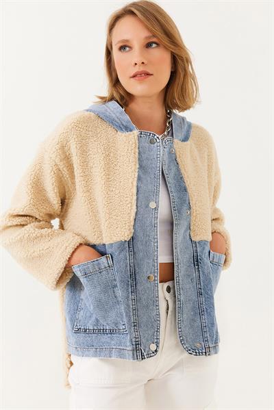 Kapüşonlu Denim Detaylı Peluş Ceket 60251807 - Bej
