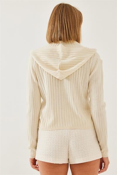 Kapüşonlu Fermuarlı Uzun Kollu Triko Hırka 20246857 - Ekru