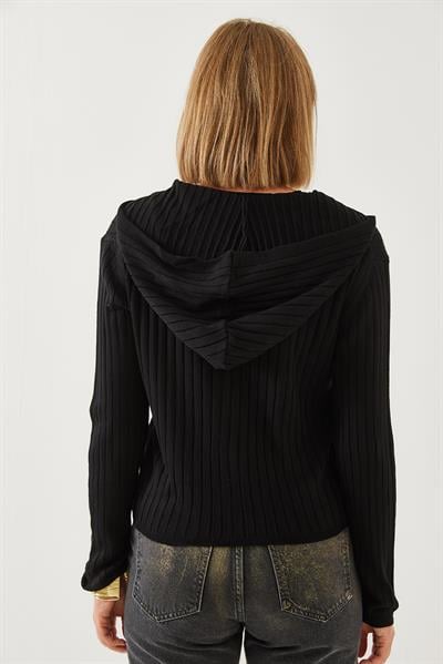 Kapüşonlu Fermuarlı Uzun Kollu Triko Hırka 20246857 - Siyah