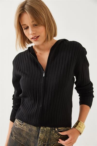 Kapüşonlu Fermuarlı Uzun Kollu Triko Hırka 20246857 - Siyah