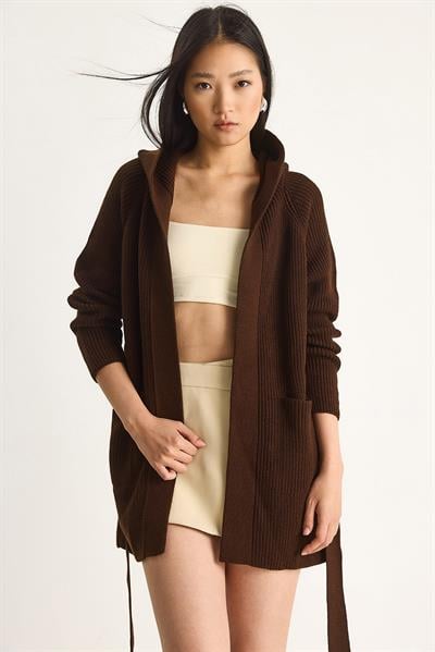 Kapüşonlu Şal Yaka Kuşaklı Hırka 20246309 - Kahverengi