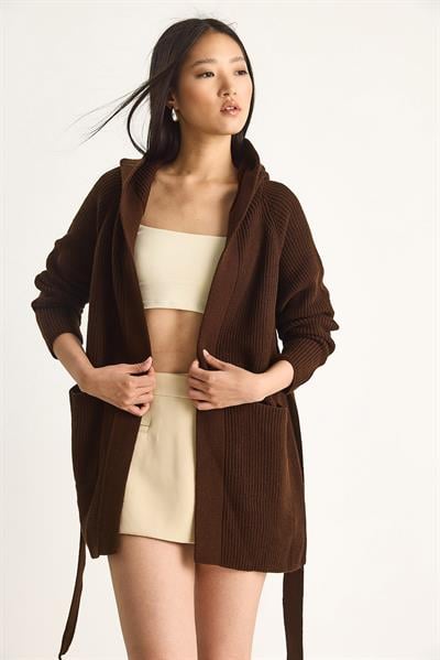 Kapüşonlu Şal Yaka Kuşaklı Hırka 20246309 - Kahverengi