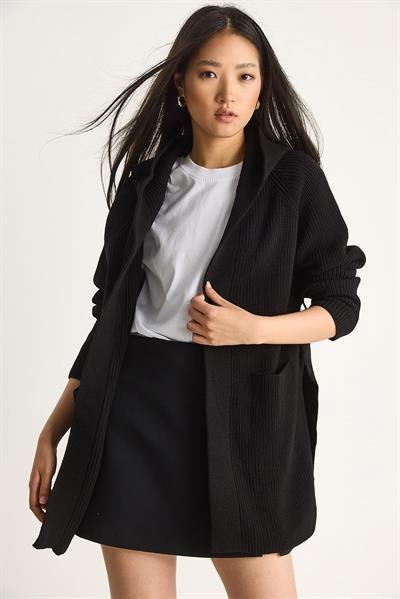 Kapüşonlu Şal Yaka Kuşaklı Hırka 20246309 - Siyah