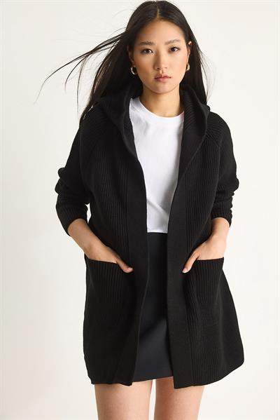 Kapüşonlu Şal Yaka Kuşaklı Hırka 20246309 - Siyah