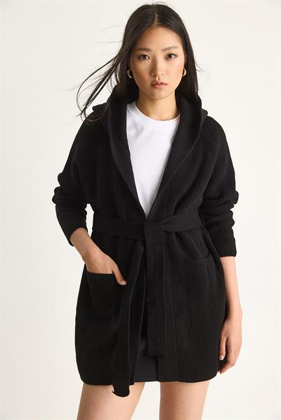 Kapüşonlu Şal Yaka Kuşaklı Hırka 20246309 - Siyah