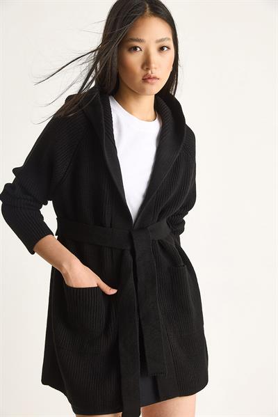 Kapüşonlu Şal Yaka Kuşaklı Hırka 20246309 - Siyah