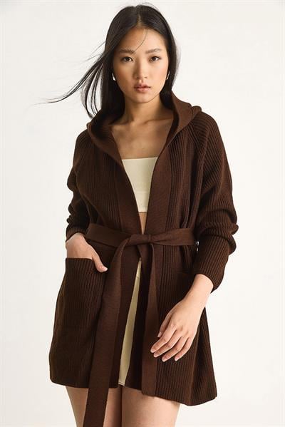 Kapüşonlu Şal Yaka Kuşaklı Hırka 20246309 - Kahverengi