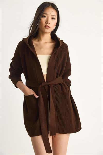 Kapüşonlu Şal Yaka Kuşaklı Hırka 20246309 - Kahverengi