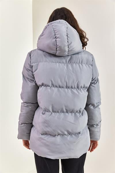 Kapüşonu Bağcıklı Uzun Şişme Mont - Gri