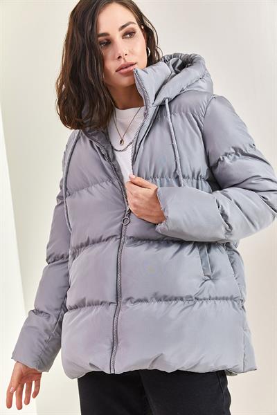 Kapüşonu Bağcıklı Uzun Şişme Mont - Gri